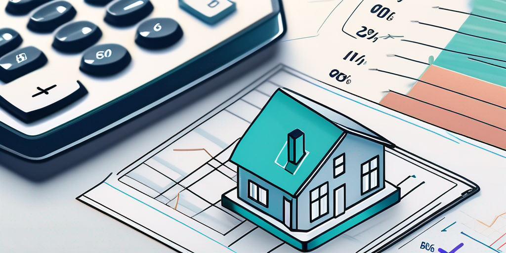 Moderner Taschenrechner, Miniaturhaus und Finanzdiagramme zur Darstellung aktueller Baukreditzinsen
