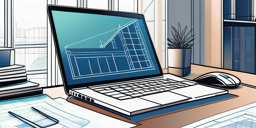 Modernes Home-Office mit Laptop offen auf Finanzrechner-Anwendung, umgeben von Finanzdokumenten und Bauplaenen, betont die Bedeutung praeziser Planung in der Baufinanzierung.