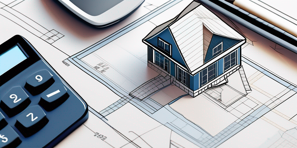 Schlanker, moderner Taschenrechner neben Architekturblaupausen und Modellhaus, symbolisiert den effizienten Prozess, den besten Immobilienkredit online zu finden.