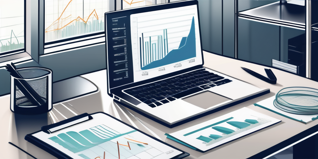Moderne, schlanke Bueroeinrichtung mit Computer, der Diagramme zeigt, sowie digitales Tablet und Finanzdokumente fuer strategische Finanzplanung und Kreditantragsprozesse.