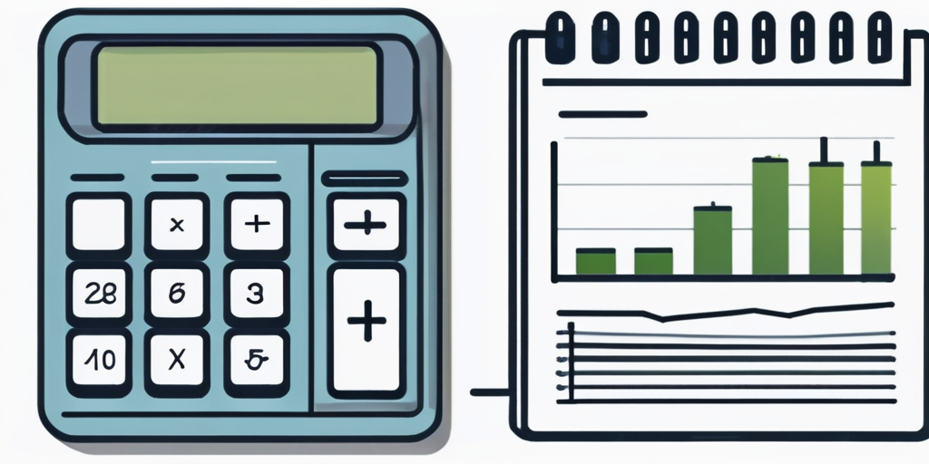 Diagramm mit Finanzzahlen und Taschenrechner auf Tisch.