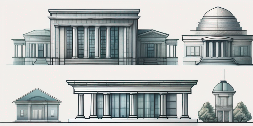 Diagramm mit verschiedenen Banken und steigenden Geldstapeln, Lupe darüber.