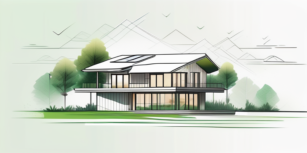 Modernes, energieeffizientes Haus im Bau inmitten einer gruenen Landschaft als Symbol fuer Foerderung beim Bau nachhaltiger Heime durch das KfW 300 Programm.