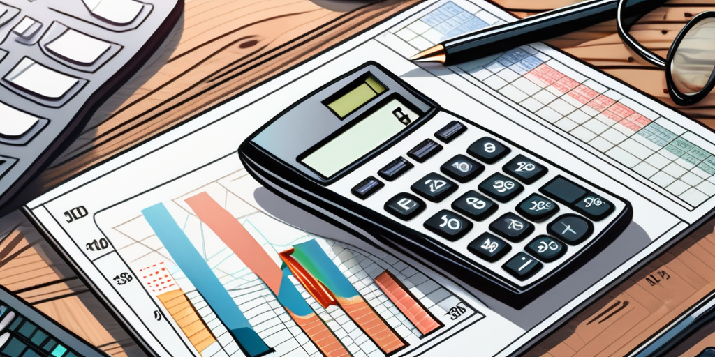 Eleganter Taschenrechner auf poliertem Holzschreibtisch mit ordentlich angeordneten Finanzdiagrammen und -grafiken fuer genaue Finanzplanung und -berechnung.