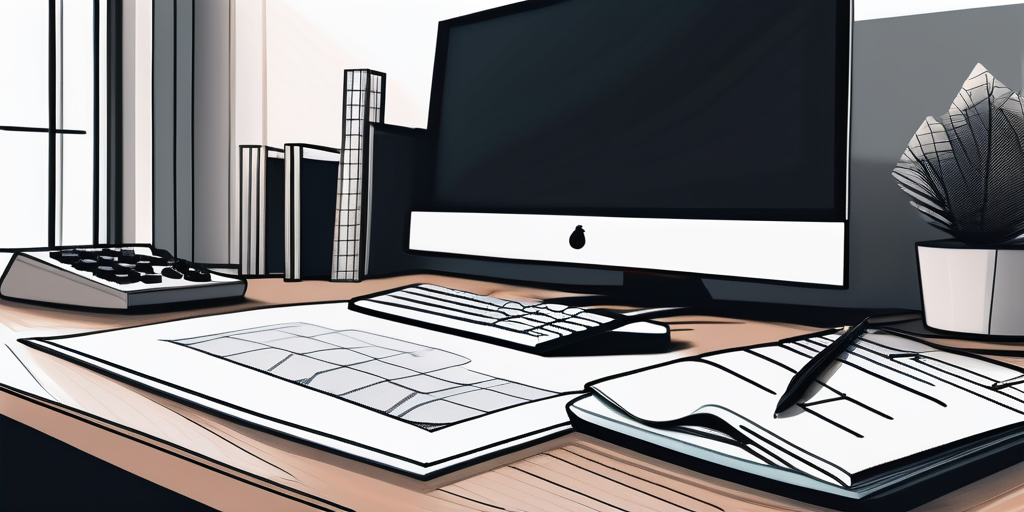 Moderner, minimalistischer Home-Office-Aufbau mit Taschenrechner, Finanzdiagrammen und Hausmodell auf dem Schreibtisch, symbolisiert die Berechnung der Hausfinanzierung.