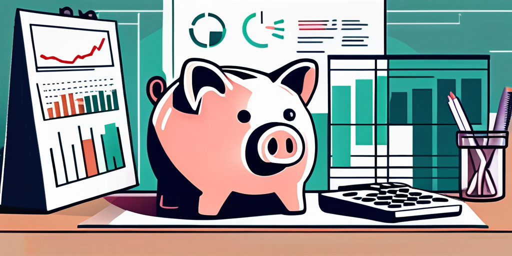 Rechner, Finanzdiagramme und Sparschwein auf einem Schreibtisch fuer Finanzplanung und Sparstrategien zur Kreditrueckzahlung