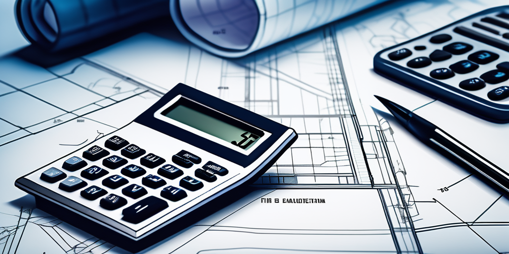 Moderne, schlanke Rechner auf Architekturblaupausen betonen die Bedeutung praeziser Finanzplanung fuer das Traumhaus.