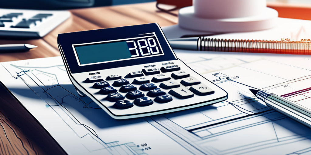 Moderner Taschenrechner auf poliertem Schreibtisch mit elegantem Architekturentwurf fuer Finanzplanung im Immobiliensektor