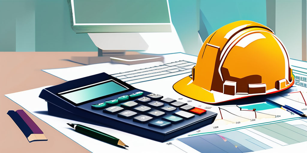 Finanzplanungstools fuer Bauvorhaben mit Taschenrechnern und Diagrammen zur Visualisierung von Budgetaufteilungen und finanziellen Auswirkungen, benutzerfreundliche Technologie in sanften Farben.