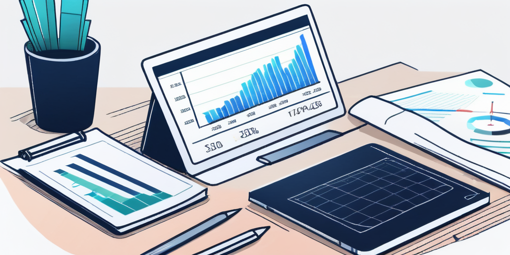 Moderner Schreibtisch mit Finanz-Setup, Tablet zeigt Diagramme, Notizbuch mit Finanzstrategien fuer Bullet-Darlehen, Symbol fuer gruendliche Analyse.