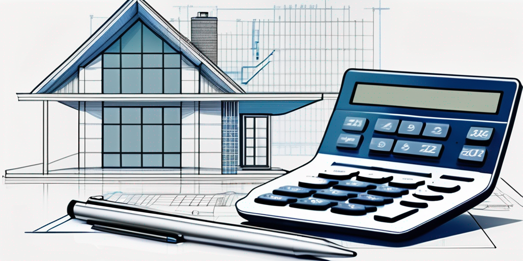 Moderner digitaler Rechner neben Architekturblaupausen und einem Modellhaus, symbolisiert die Bedeutung von Finanzplanungswerkzeugen beim Immobilienkauf.