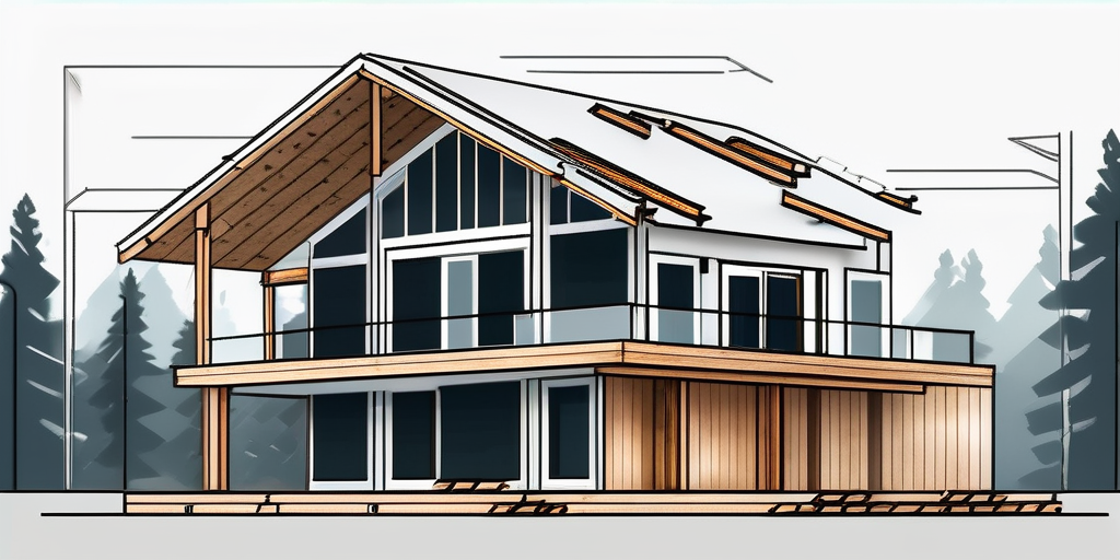 Modernes Wohnhaus im Bau mit Holzgeruest und Fundament, ideal fuer Baufinanzierung im Anfangsstadium mit ruhiger Umgebung.