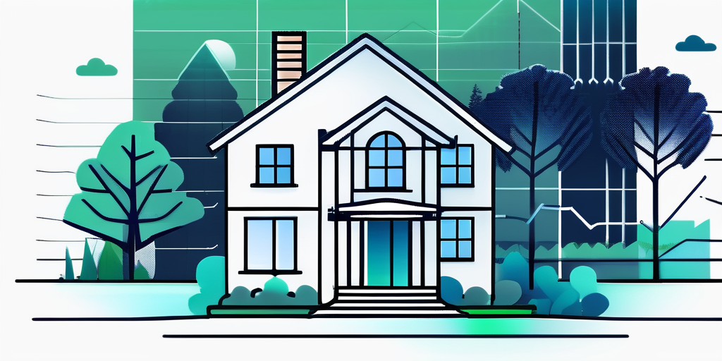 Das Bild zeigt ein friedliches Zuhause inmitten der Natur, Symbol fuer den Traum vom Eigenheim und finanzieller Stabilitaet, mit einem Taschenrechner und Finanzdiagrammen im Vordergrund, die auf strategische Planung zur Schuldensenkung durch Bausparen hinweisen.