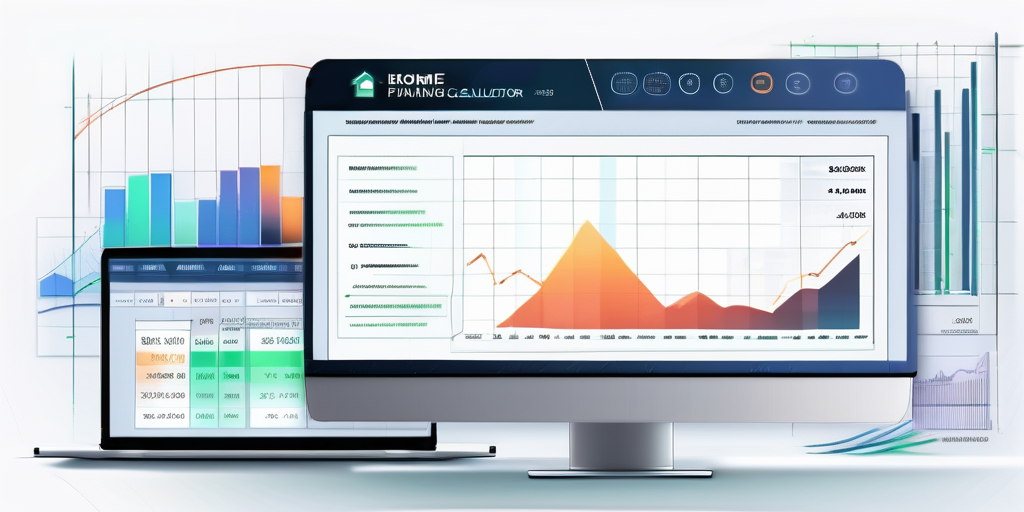 Moderne Darstellung eines Finanzierungsrechners fuer Hauskauf auf einem Computerbildschirm, umgeben von Finanzgraphen und Immobilienmarkt-Diagrammen.