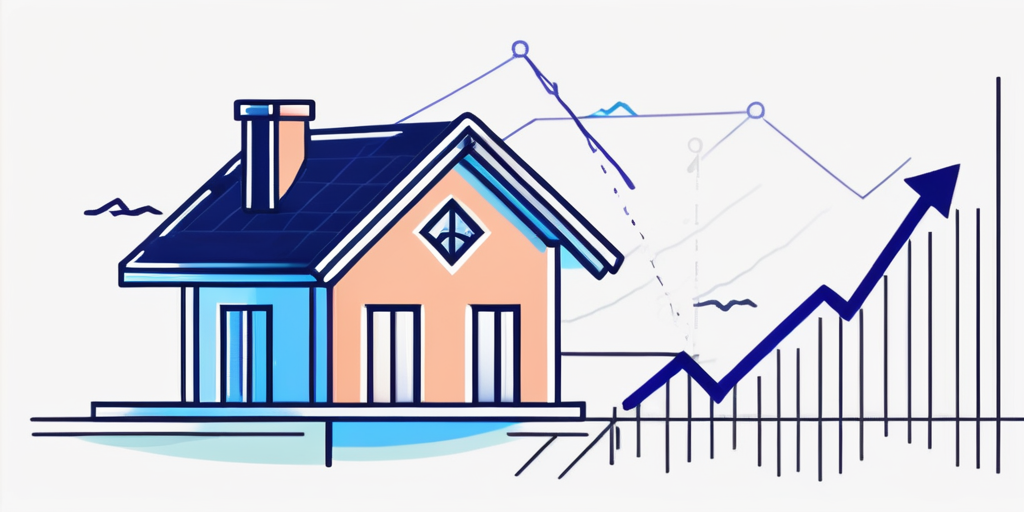 Minimalistische Illustration eines Hauses mit einem abwaerts gerichteten Trenddiagramm, das die aktuelle Senkung der Hypothekenzinsen und Einsparmoeglichkeiten beim Hauskauf symbolisiert.