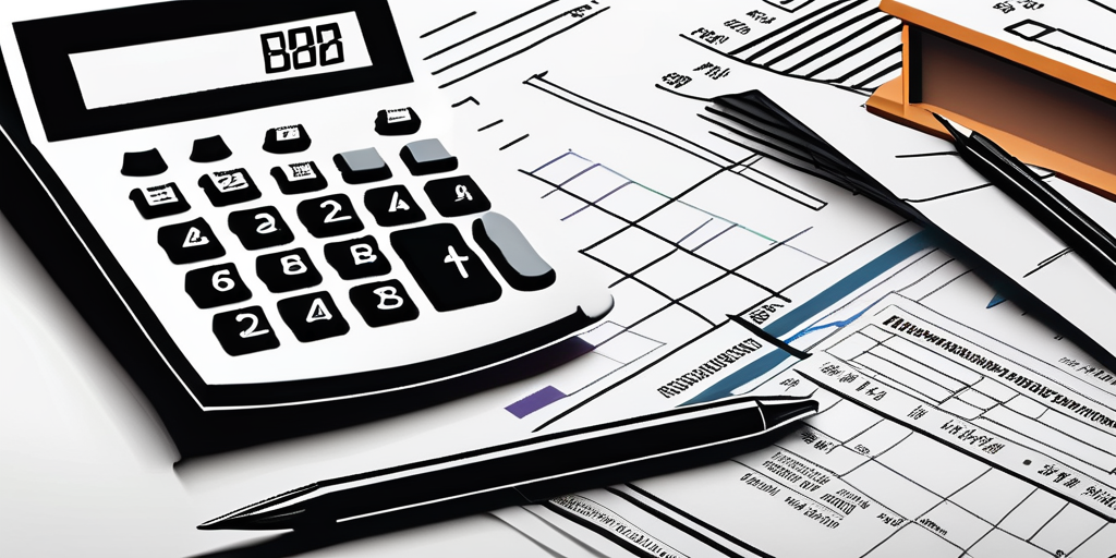 Hauskauf Dokumente Bank: Stapel offizieller Dokumente mit Diagrammen neben Modellhaus auf Finanzberichten mit Taschenrechner.