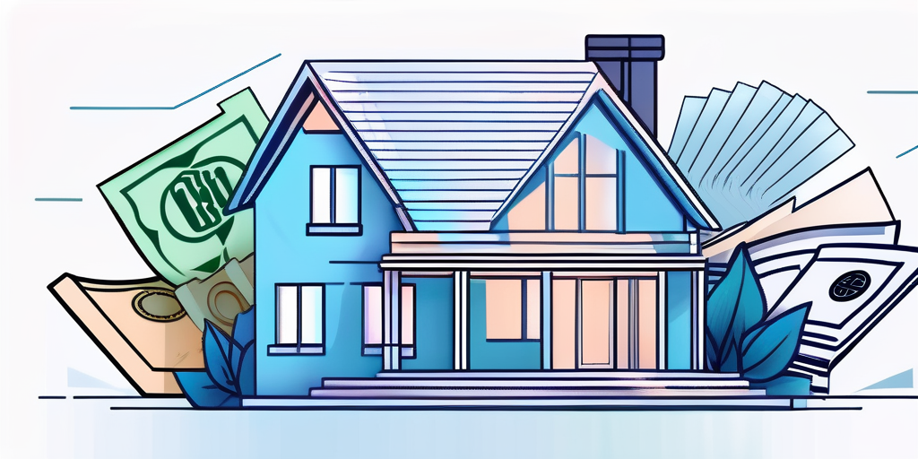 Modellhaus umgeben von verschiedenen Waehrungen, zeigt finanzielle Aspekte beim Hauskauf.
