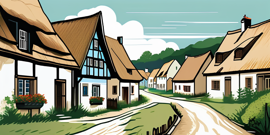 Malerisches Dorf in Hessen mit Fachwerkhaeusern und gruener Landschaft unter klarem blauem Himmel - versteckte Kaufkosten beachten