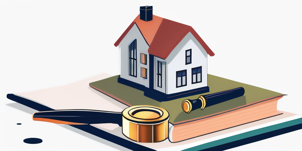 Hypothekenkuendigung Ratgeber mit Hammer und Miniaturhaus als Rechtssymbol auf offenem Buch