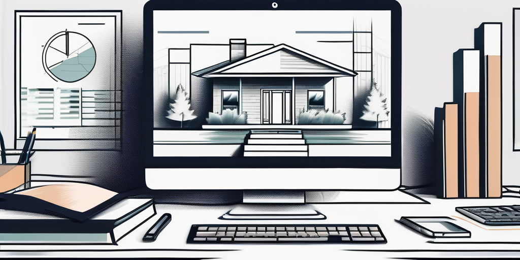 Elegantes, minimalistisches Home-Office Setup mit modernem Computer, Grafiken, Taschenrechnern, Immobilienbroschueren und Modellhaus zur Suche nach besten Hypothekenzinsen für Immobilien.