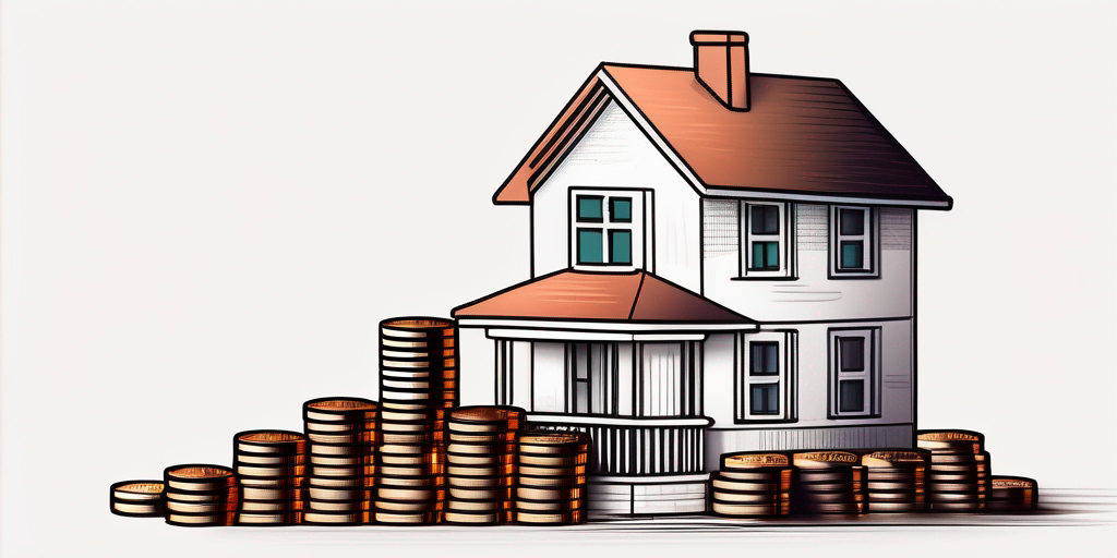 Miniaturhausmodell neben Muenzstapel symbolisiert Finanzplanung und Sparen fuer Wohnungskauf 2023
