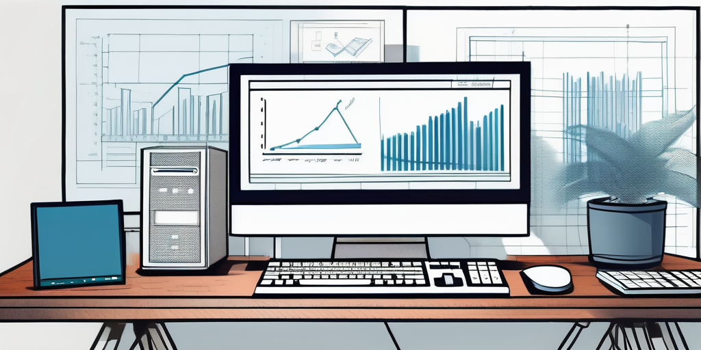 Moderne Computeranlage mit Taschenrechner, Diagrammen und Bauplaenen auf einem Schreibtisch als Symbol fuer Finanzplanung und Immobilieninvestition.