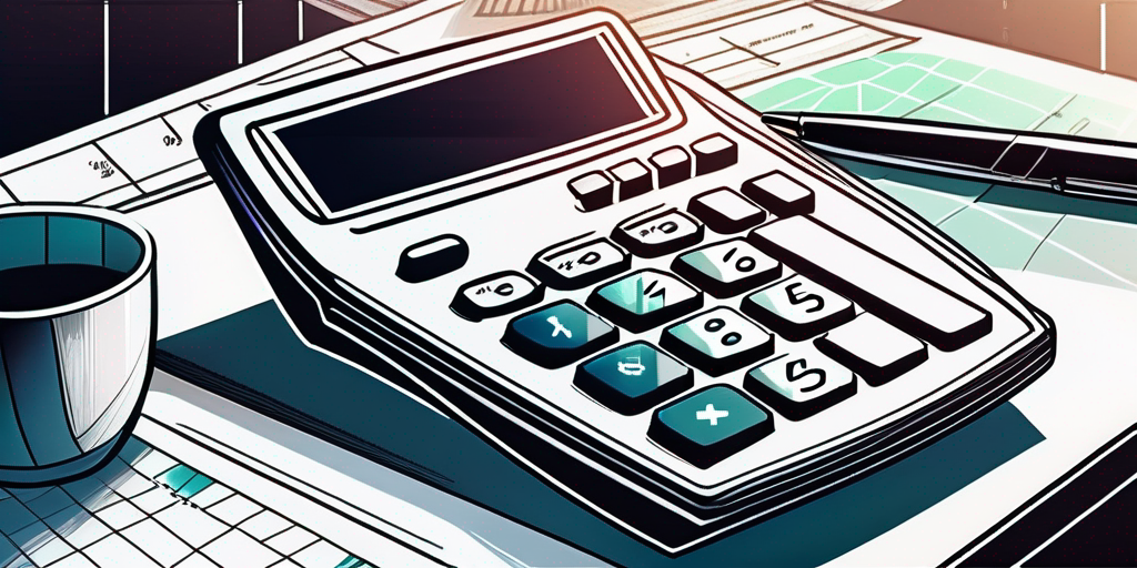 Moderner Taschenrechner auf poliertem Buero Schreibtisch mit Finanzdiagrammen und digitalem Tablet fuer Immobilieninvestitionsstrategien