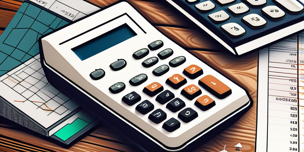 Moderner Rechner mit Haus-Symbol auf dem Display, umgeben von Finanzdiagrammen auf einem Holzschreibtisch fuer Immobilieninvestitions-Optimierung.