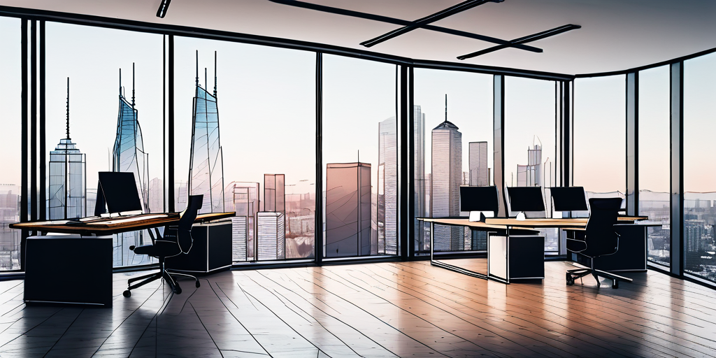 Modernes, minimalistisches Buero mit schickem Holzschreibtisch und fortschrittlicher Computeranlage, umgeben von Diagrammen und Modellen zur Analyse der Baufinanzierung sowie Panoramablick auf die Skyline im Hintergrund, betont den Immobilienaspekt.