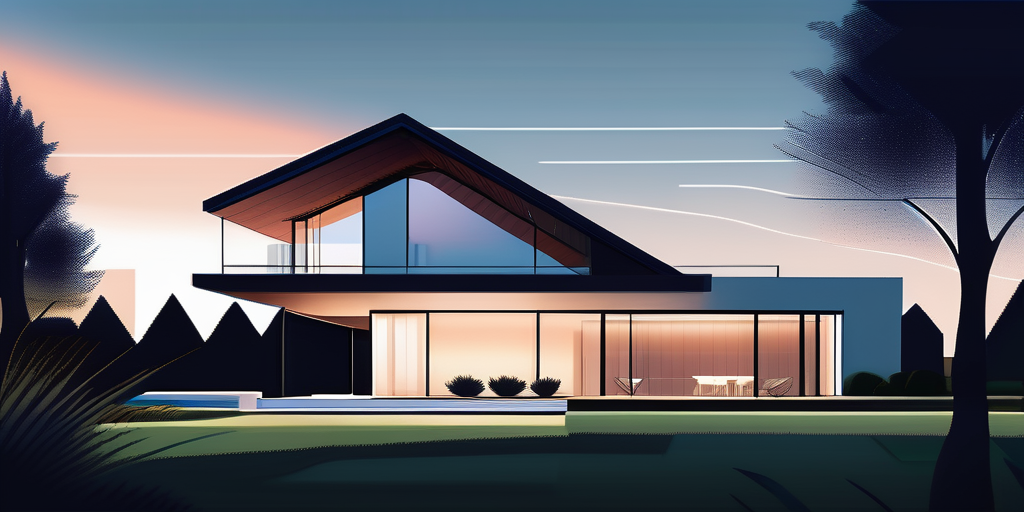 Das Bild zeigt ein modernes Zuhause mit Garten bei Daemmerung, symbolisiert Immobilieninvestitionen mit Darstellung schwankender Marktzinsen im Himmel.