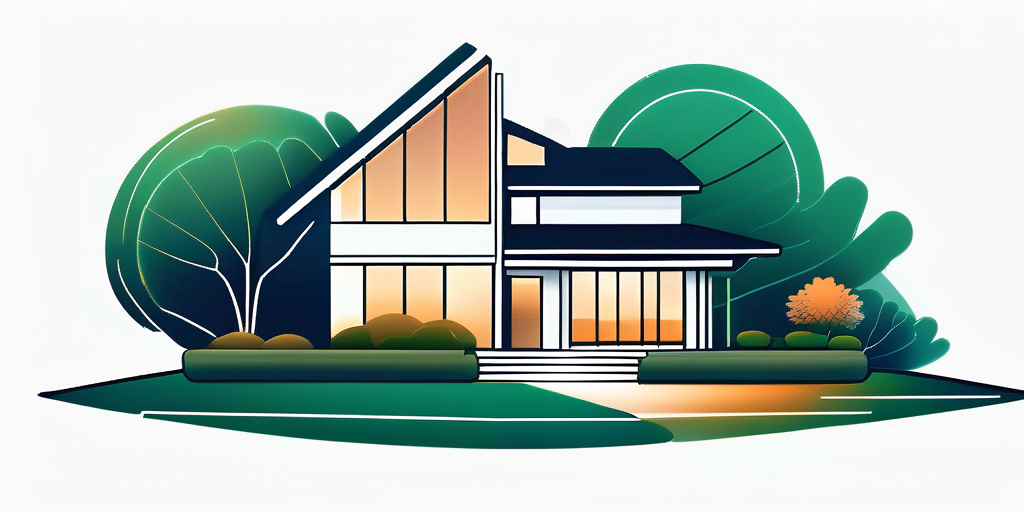 Modernes, minimalistisches Zuhause im warmen Licht des Sonnenuntergangs mit gepflegten Gaerten, Symbol fuer ideale Investition in Immobilienfinanzierung.