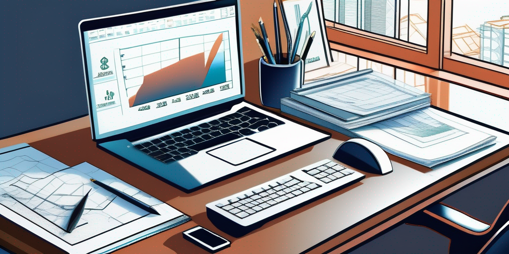 Modernes Home-Office mit Laptop auf Finanzanalyse-Website, umgeben von Dokumenten und Taschenrechner, vor Hintergrund mit Hausbau-Plaenen zur Verwaltung der Baufinanzierung.