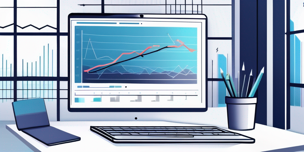 Moderner Arbeitsplatz mit offenem Laptop fuer Finanzplanungsanwendung, umgeben von Diagrammen, betont Optimierung von staatlichen Foerdermitteln.