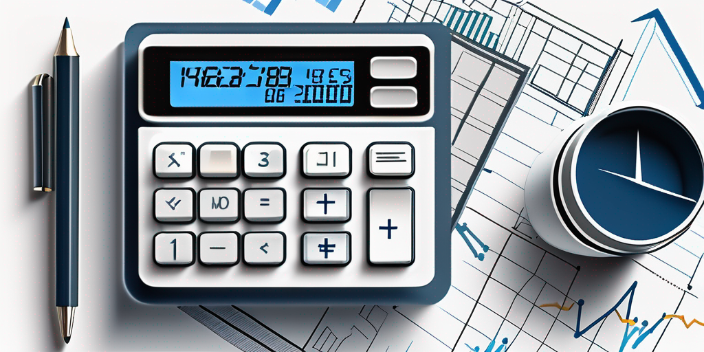 Professionelles Blogpost-Bild mit einem eleganten Taschenrechner auf Finanzdiagrammen und Grafiken, um die praezise Kalkulation fuer Erfolg in Immobilieninvestitionen zu symbolisieren, umgeben von Architekturplaenen, die den Fokus auf Immobilien hervorheben.