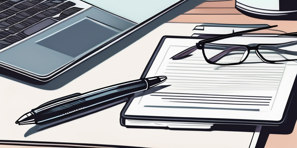 Sauber organisiertes Schreibtischbild mit juristischem Dokument im Zentrum, klassischem Stift, Brille und digitalem Tablet, zeigt Verbindung von traditionellen und modernen Werkzeugen in der Rechtspraxis.