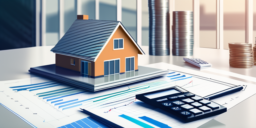 Erfolgreiche Immobilienfinanzierung: Der Weg zum Eigenheim - Modellhaus mit Finanzdiagrammen und Taschenrechnern, symbolisiert strategische Planung in der Immobilieninvestition.