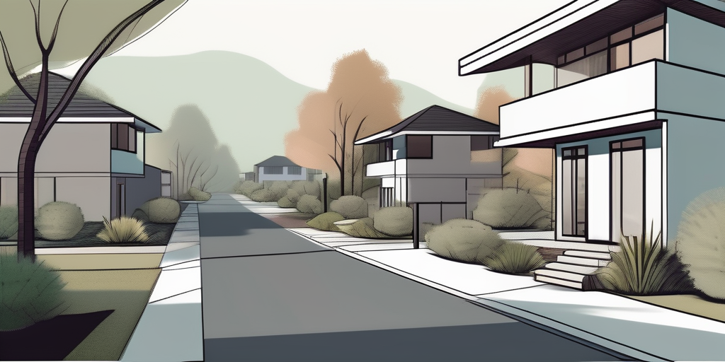 Ruhige Wohnstrasse mit modernen Haeusern und ueppiger Bepflanzung, symbolisiert den Weg zum Traumhaus durch guenstige Baukredite.