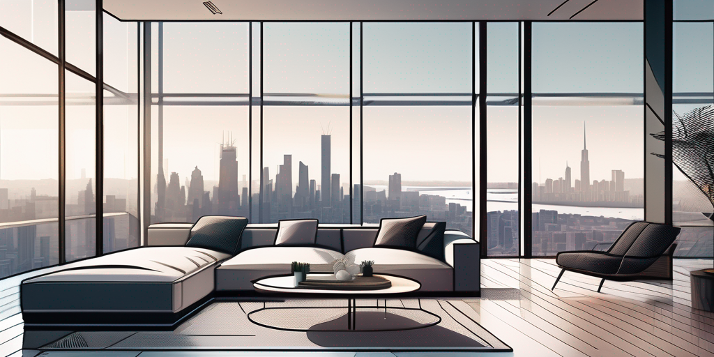 Nahaufnahme eines modernen, minimalistischen Wohnzimmers mit grossen Fenstern und Blick auf die Skyline der Stadt, zeigt das Interieur einer Traumimmobilie bei richtiger Finanzierung.