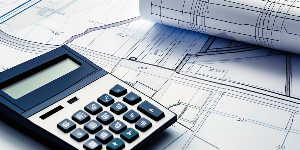 Moderner Taschenrechner auf Bauplaenen mit Modellhaus im Hintergrund fuer Finanzplanung beim Hauskauf