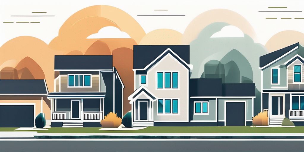 Moderne Wohngegend mit Vielfalt an Hauesern, betont die Wichtigkeit richtiger Hypothekenzinsen fuer Hausfinanzierung, Sonnenlicht spiegelt Optimismus und Sparpotential bei Immobilieninvestition wider.