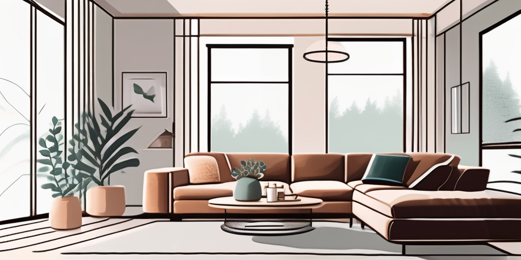 Gemuetliches und modernes Wohnzimmer, das Waerme und Komfort ausstrahlt, ideal fuer junge Familien dank Foerderprogrammen, hell durch natuerliches Licht.