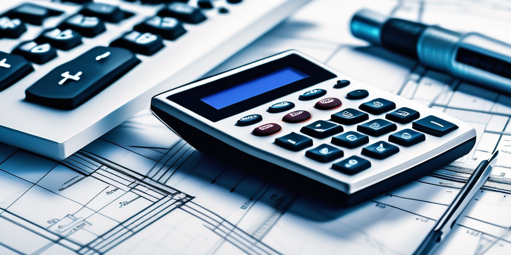 Finanzrechner neben Bauplaenen und Architekturmodellen fuer effiziente Baufinanzierung