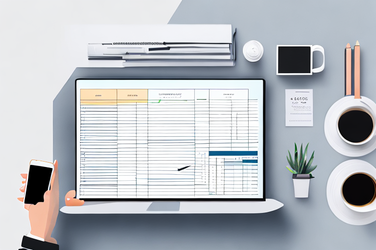 Offenes Laptop mit Finanz-Spreadsheet, daneben Taschenrechner und Kaffeetasse auf organisiertem Schreibtisch.