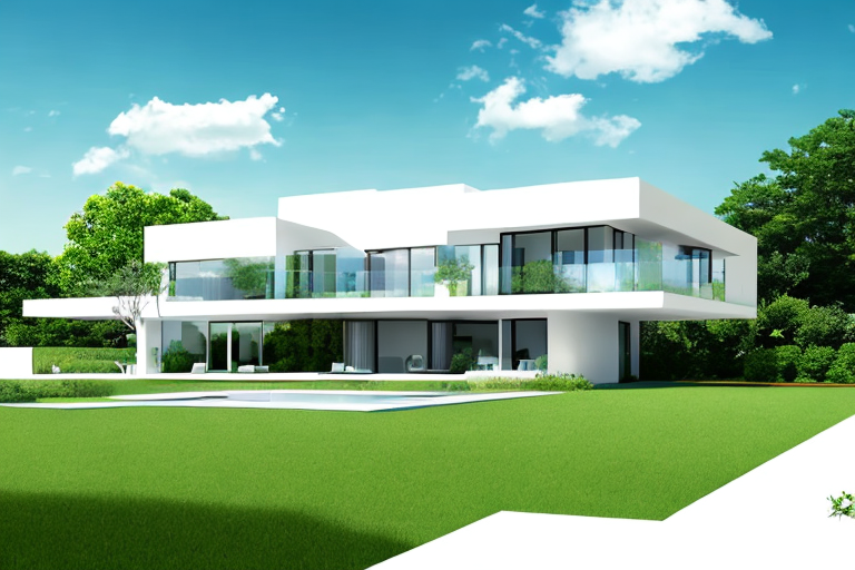 Moderne Haus mit gruenem Garten unter blauem Himmel, Traumhaus Verwirklichung.