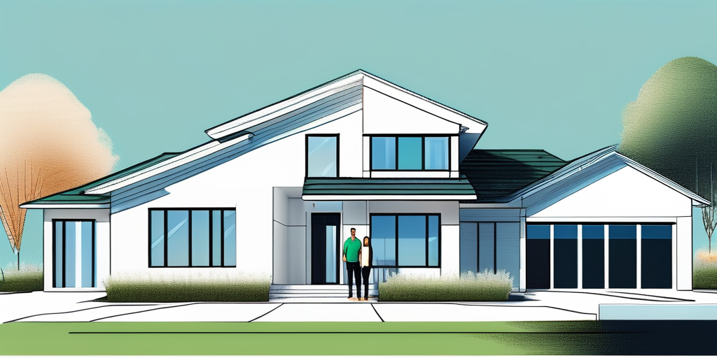 Eine glueckliche Familie steht vor ihrem neu gebauten Haus mit blauem Himmel und gruenem Rasen, ermoeglicht durch einen Bausparvertrag.