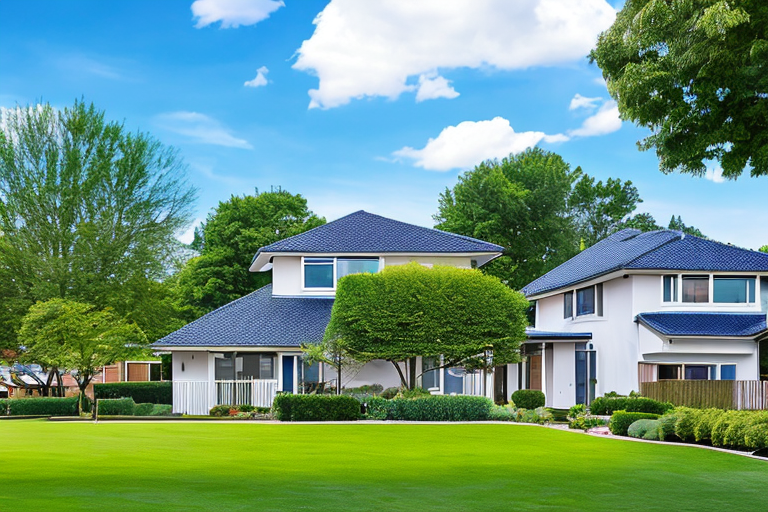 Moderne Vorstadthaeuser mit gepflegten Rasenflaechen unter blauem Himmel, symbolisch fuer finanzielle Stabilitaet und Erfolg im Hypothekenmanagement.