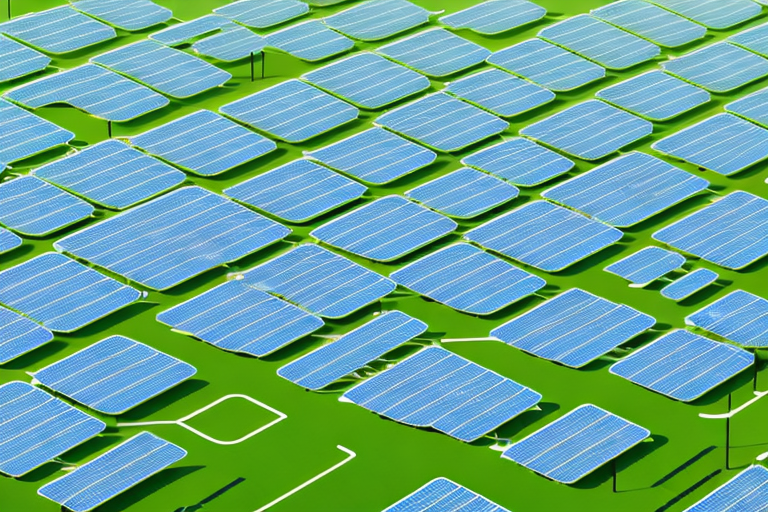 A futuristic solar park with numerous solar panels spread across a green landscape