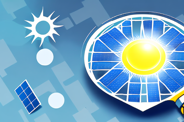 A solar panel array with a bright sun shining above