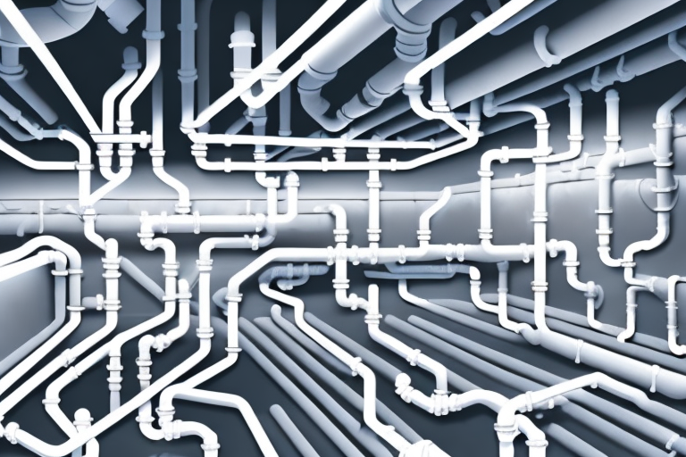A basement ceiling with various pipes running across it