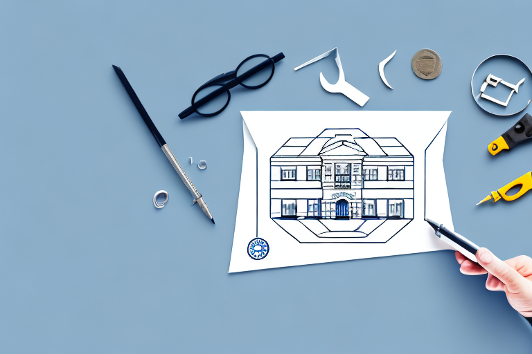 A building construction process with various tools and a sealed envelope symbolizing loan approval